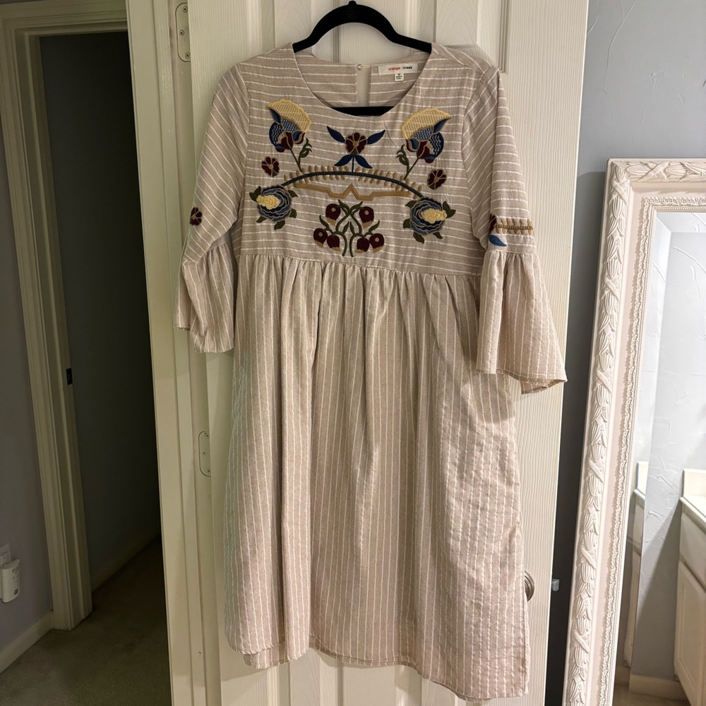 Roolee Cream and White striped Sundress with Embroidery and Bell Sleeves